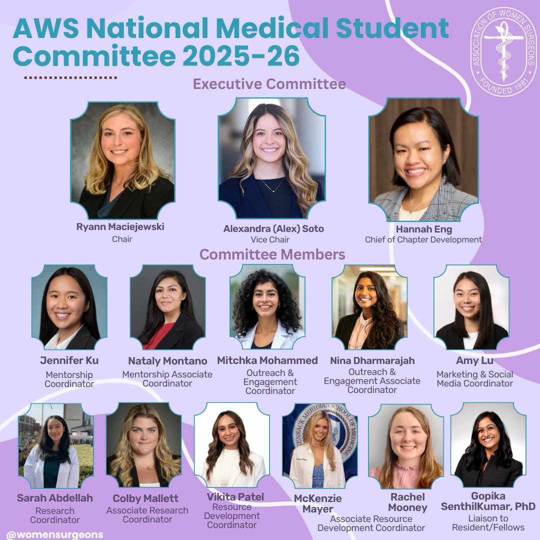 A graphic introducing the AWS National Medical Student Committee for 2025–26. The image features individual headshots of 14 members arranged in two sections: the Executive Committee at the top and Committee Members below. The Executive Committee includes Ryann Maciejewski (Chair), Alexandra (Alex) Soto (Vice Chair), and Hannah Eng (Chief of Chapter Development). Committee Members include Jennifer Ku, Nataly Montano, Mitchka Mohammed, Nina Dharmarajah, Amy Lu, Sarah Abdellah, Colby Mallett, Vikita Patel, McKenzie Mayer, Rachel Mooney, and Gopika SenthilKumar, PhD. Each member is labeled with their name and role. The background is light purple with the Association of Women Surgeons logo in the upper right corner.