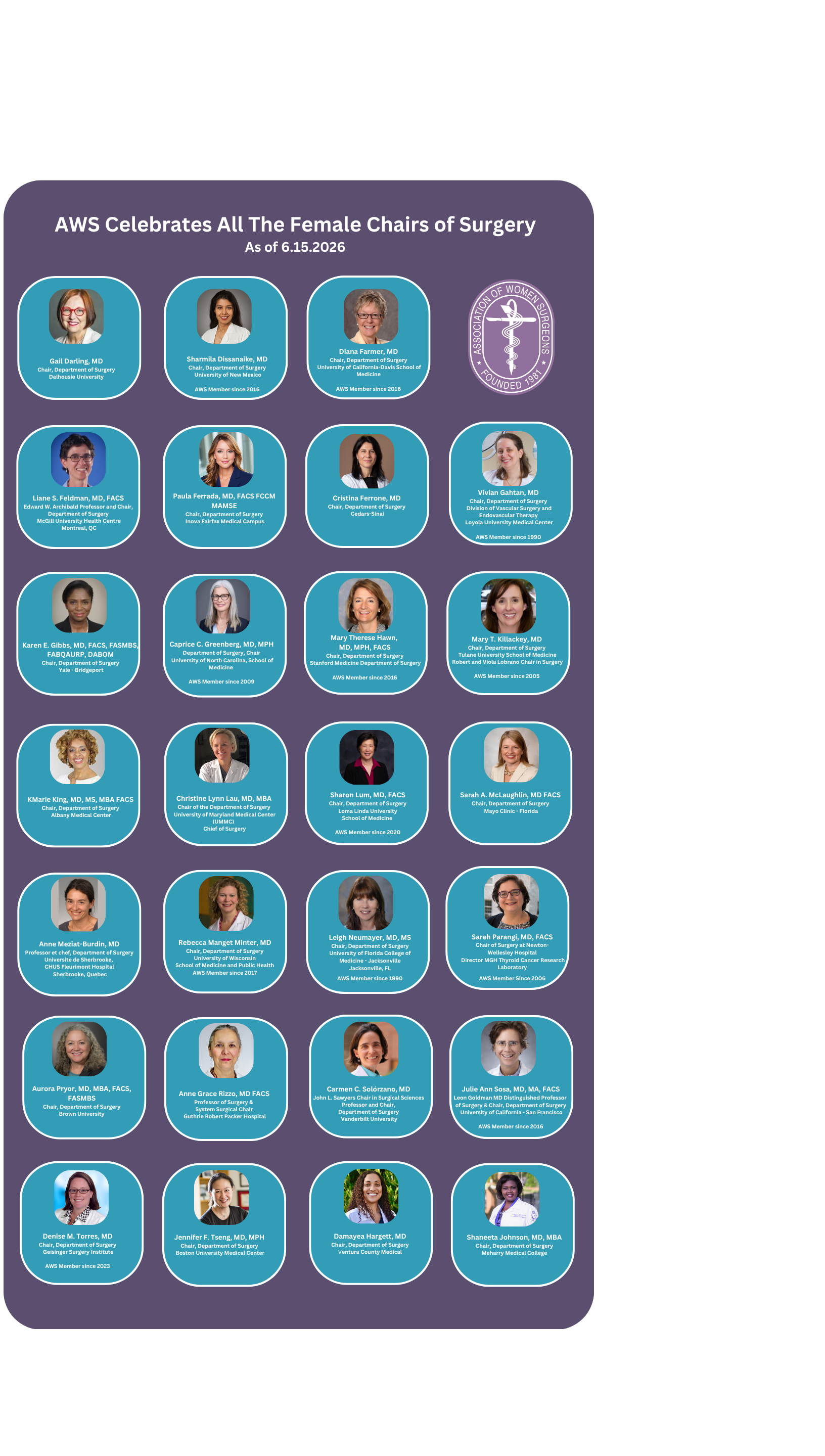 Female Chairs of Surgery: Drs.Gail Darling, Sharmila Dissanaike, Diana Farmer, Liane S. Feldman, Paula Ferrada, Cristina Ferrone, Vivian Gathani, Karen E. Gibbs, Caprice C. Greenberg, Mary Theresa Hawn, Mary T. Killackey, KMarie King, Christine Lynn Lau, Sharon Lum, Sarah A. McLaughlin, Anne Maziat‑Burdin, Rebecca Magenta Minter, Leigh Neumayer, Sareh Parangi, Aurora Pryor, Anne Grace Rizzo, Carmen C. Solórzano, Julie Ann Sosa, Denise M. Torres, Jennifer F. Tseng, Damayea Hargett, Shaneeta Johnson