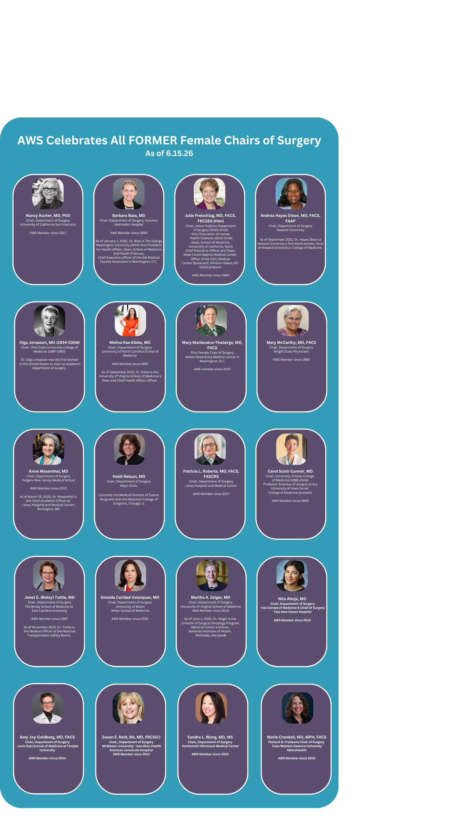 Former Female Chairs of Surgery: Drs. Nancy Ascher, Barbara Bass, Julie Freischlag, Andrea Hayes Dixon, Olga Jonasson, Melina R. Kibbe, Mary Maniscalco‑Theberge, Mary McCarthy, Anne Mosenthal, Heidi Nelson, Patricia L. Roberts, Carol Scott‑Conner, Janet E. (Betsy) Tuttle, Omaida Caroline Velazquez, Martha A. Zeiger, Nita Ahuja, Amy Joy Goldberg, Susan E. Reid, Sandra L. Wong, Marie Cradall
